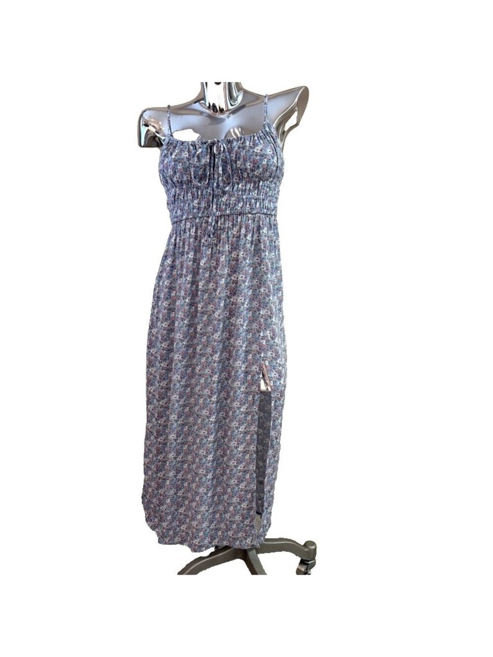 Aeropostale Babydoll Midi Dress Sz M Blue Floral Smocked Waist Coquette Milkmaid